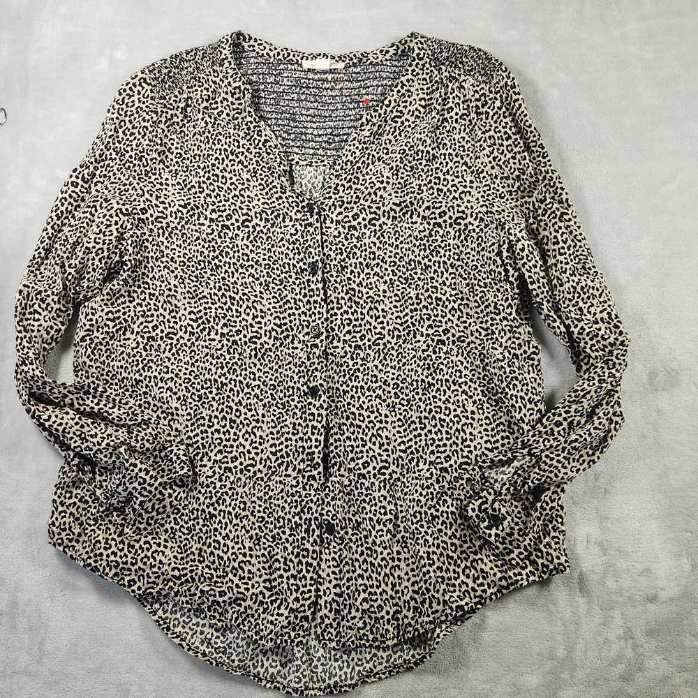 Beach Lunch Lounge Blouse Womens Size Large Leopard Print Long Sleeve Button